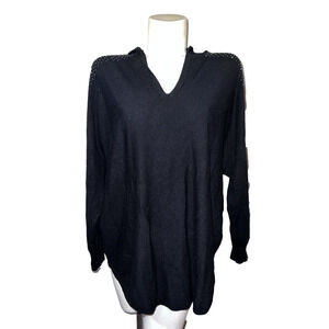 LIV Milano Sweater Sz 1X Black Rhinestone Stud Hooded V-neck Soft Knit Pullover